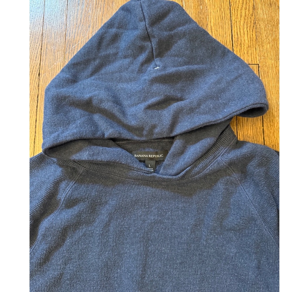 Banana Republic Mens Waffle Knit Hoodie Navy Blue Raglan Pullover Sweater Large - Picture 2 of 7